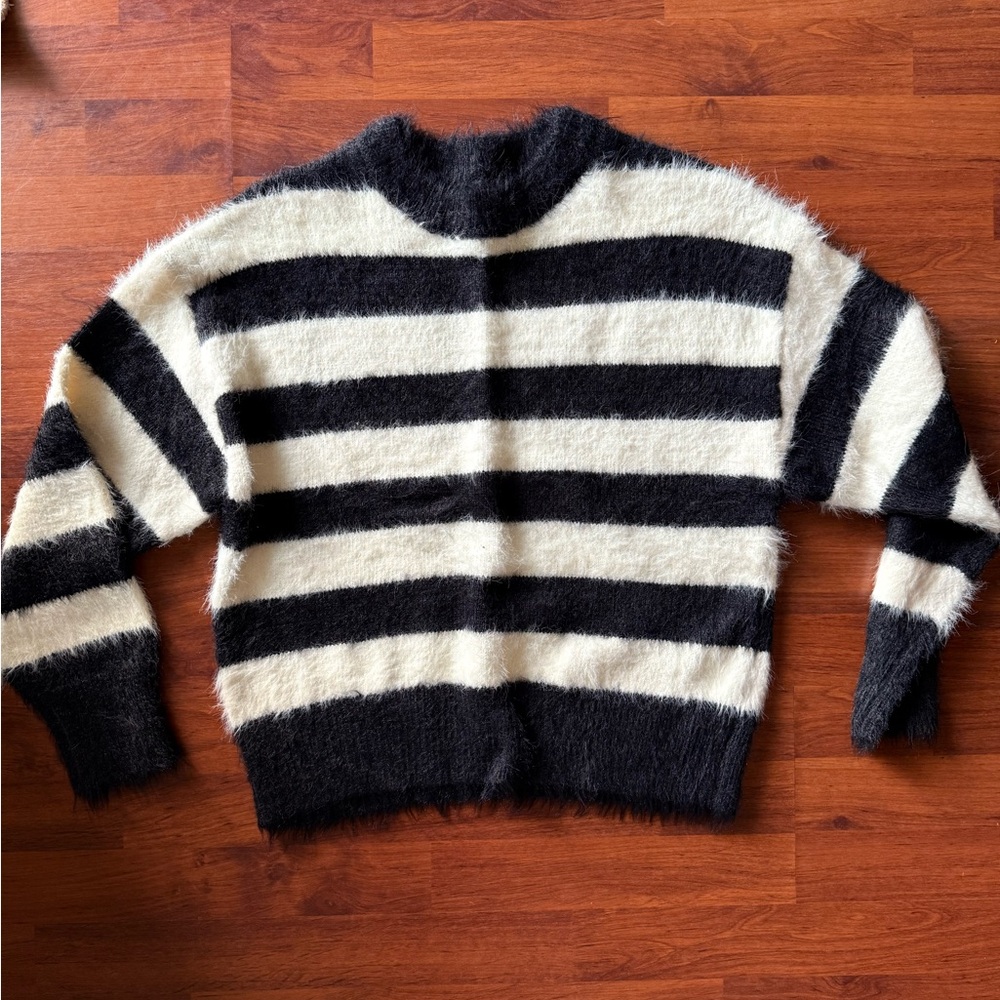 A New Day Fuzzy Black and‎ Cream Striped Sweater